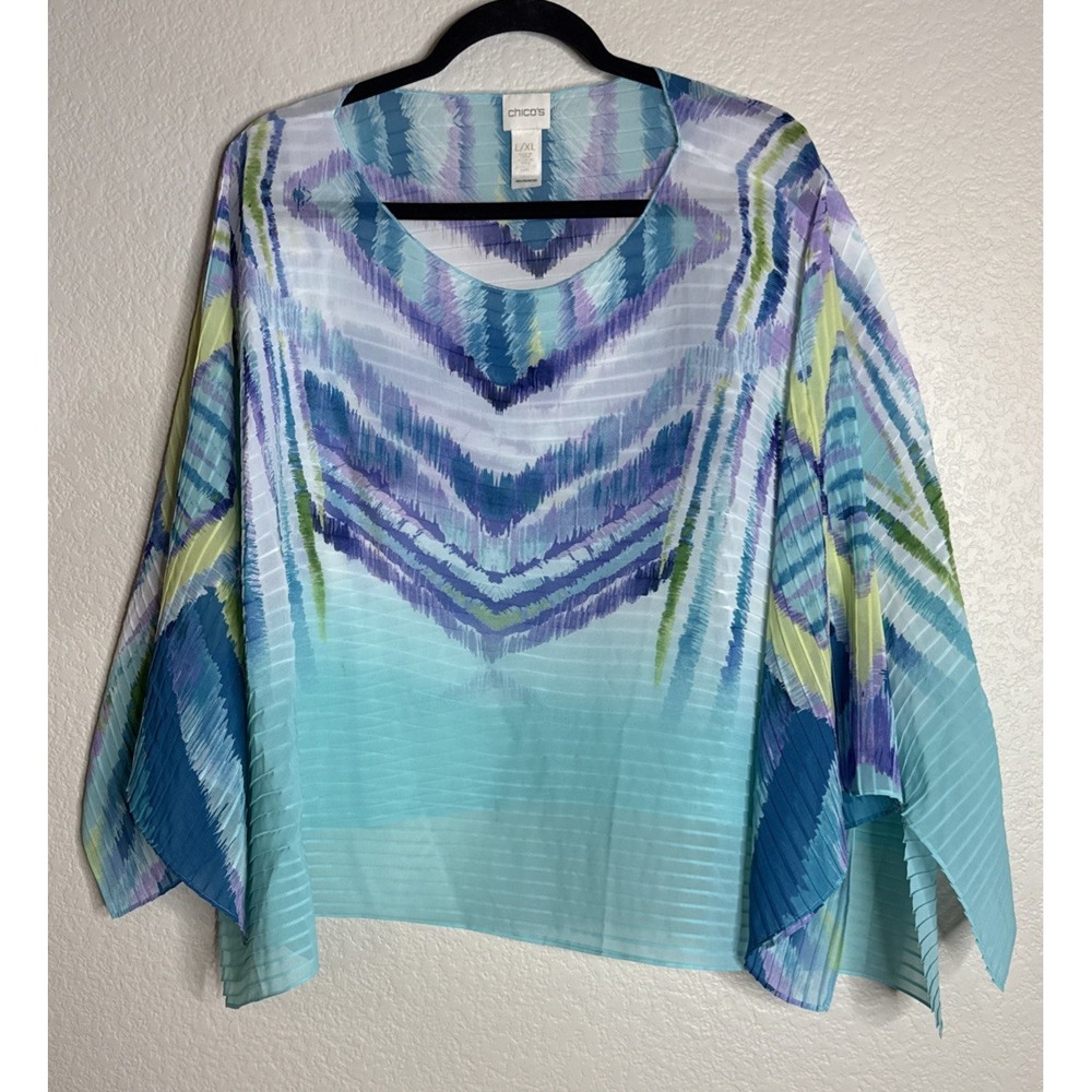 Chicos 3‎ US L/XL Mindy Aqua Blue Printed Keyhole Poncho Top Blouse Boho Artsy